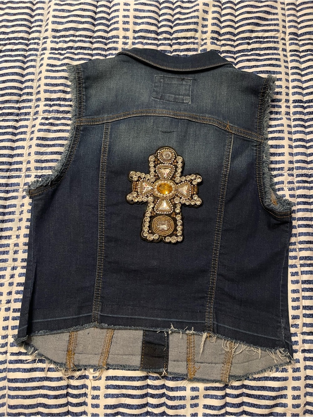 Ladies denim vest with Embellished Cross in Gold and Clear Crystals